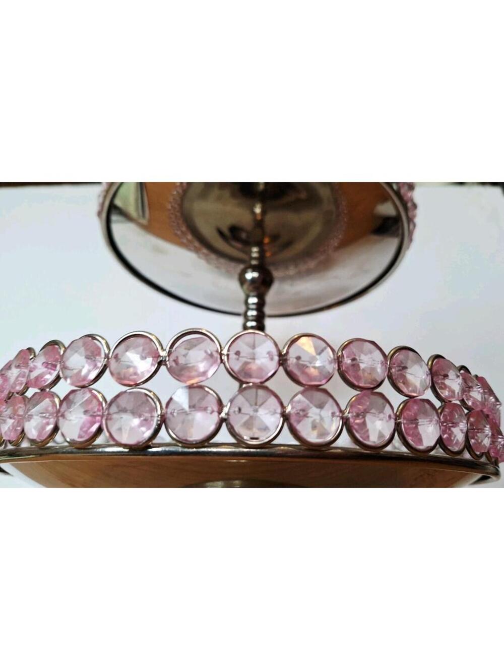 2-Tier Silver Metal Serving Stand Pink Faux Crystal Beads Dessert Jewelry Tower - Picture 3 of 16
